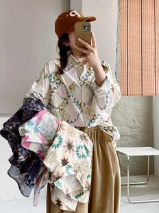 日系衬衫女2023春秋款设计感小众几何图案文艺清新长袖上衣女开衫