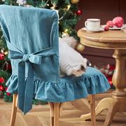 美式餐椅套罩圆形法式亚麻荷叶，边轻奢高档定制欧式椅子套椅垫一体
