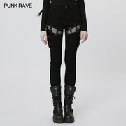 punkrave朋克性感紧身长裤中腰，牛仔裤镂空拼接黑色，弹力裤子显瘦潮