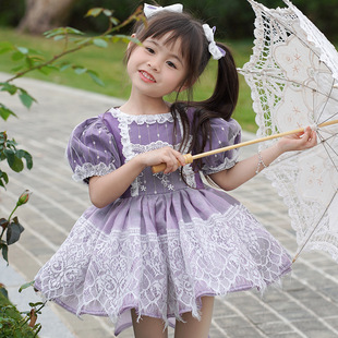 女童蕾丝公主裙女孩西班牙泡泡袖连衣裙儿童生日礼服裙紫色花