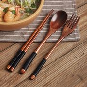 韩式木质餐具创意彩色木勺二件套实木长柄情侣勺子筷子送便携餐盒