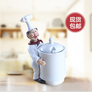 欧式创意动感可爱厨师陶瓷，盐罐调味盒调味罐套装厨房三件套带盖勺