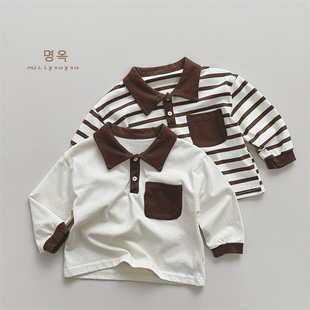 日韩系童装儿童个性撞色翻领条纹，长袖t恤打底衫男女宝宝polo衫秋