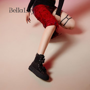 bellalily2023秋季牛仔布中筒靴，女高帮帆布鞋蝴蝶结，马丁靴子