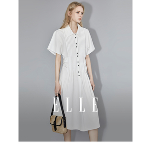 ELLE法式设计感收腰时尚短袖白色连衣裙女2024夏季薄款裙子