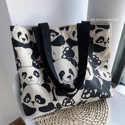 原创设计熊猫大容量，单肩帆布包包女学生通勤手提书包袋2024