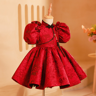红色女童礼服中式国风走秀钢琴演出蓬蓬裙拜年主持生日儿童公主裙