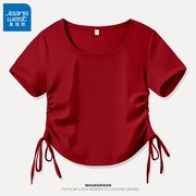 真维斯酒红色抽绳短袖t恤女2024夏季纯棉，方领修身收腰小上衣