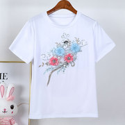 纯棉短袖t恤女夏2024宽松新中式国风花朵，刺绣白色半袖上衣潮