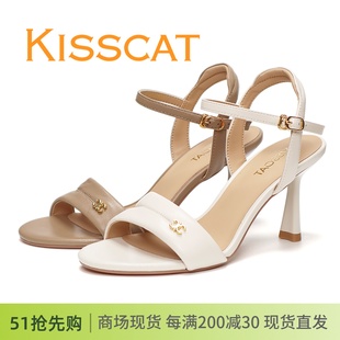kisscat接吻猫2024夏季细跟露趾羊皮高跟后空，一字带女鞋凉鞋