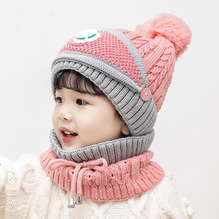 儿童帽子秋冬季女童，加绒加厚帽子围脖两件套宝宝，男童一体帽保暖潮