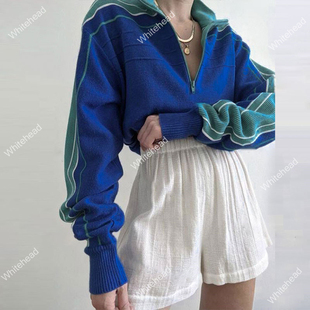 Whitehead美式复古蓝色拼接针织衫长袖女潮ins秋冬立领毛衣个性
