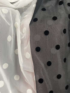 纯黑色白色软网纱布料，波点点圆点，植绒提花蕾丝垂感设计师服装面料