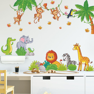 可爱卡通动物乐园猴子大象长颈鹿墙贴纸儿童房幼儿园装饰墙壁贴画
