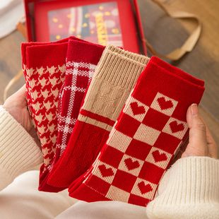 红袜子礼盒纯棉本命年礼物男女士龙年转运大红色圣诞袜情侣中长筒