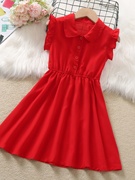 女童连衣裙夏季2024洋气学院风，雪纺薄款夏装，儿童红色背心裙子
