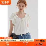 范洛2024夏季法式V领灯笼袖T恤女蝴蝶结系带设计感短袖小衫女