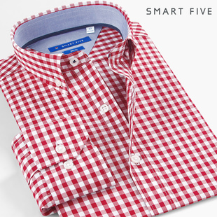 smartfive撞色修身红色格子衬衫男长袖纯棉时尚，青年美式休闲衬衣