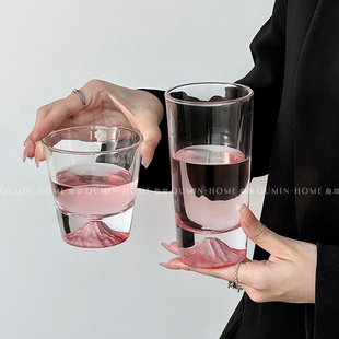 趣皿粉色富士山杯，小众设计玻璃杯家用水杯，威士忌杯洋酒杯咖啡杯