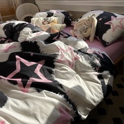 北欧风五角星针织棉四件套水洗棉柔软裸睡女生床单被套粉色三件套