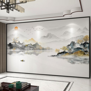 墙纸定制3d立体新中式山水画电视背景墙壁纸客厅影视墙布装饰壁画