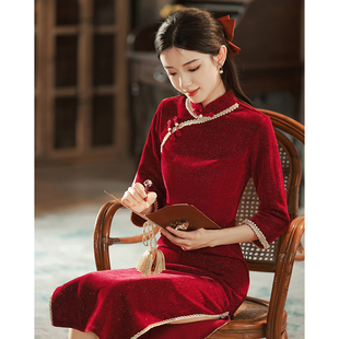 红色旗袍敬酒服秋冬季加绒改良小个子新中式婚服新娘结婚订婚礼服