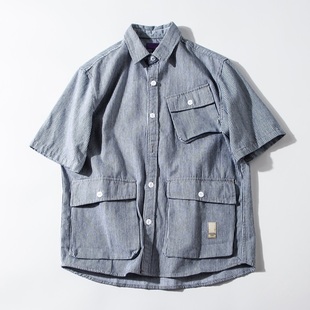 小众稀货日系复古男式条纹牛津面料，工装多口袋短袖休闲衬衫