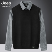 jeep吉普秋冬季假两件毛衣，男背心潮2023衬衫领男士针织衫外套