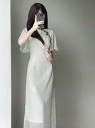 白色雪纺绣花倒大袖旗袍，2023年夏季新中式，国风少女温婉淑女连衣裙