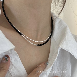 WANDOU原创设计纯银碎银子黑玛瑙串珠项链个性独特设计感锁骨链
