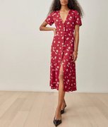 PixieMarket欧美新波西米亚风长裙款红色小碎花性感裹身V领连衣裙