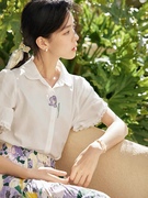 茵曼法式文艺白色衬衫女士，2023年夏季泡泡袖，纯棉短袖衬衣上衣