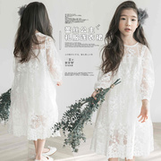 韩版童装春秋夏季款短袖，女童蕾丝连衣裙长袖，中大童裙子白色公主裙