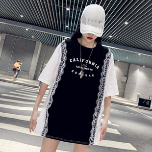 欧货夏季蕾丝黑白拼接t恤女装，短袖中长款2021年韩版大码上衣
