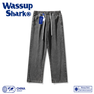 Wassup Shark牛仔裤男士春秋季宽松直筒阔腿高街休闲百搭长裤子女