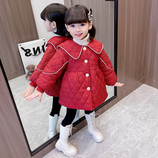 女童小香风加绒棉衣外套冬装洋气时髦儿童网红宝宝海军领棉袄