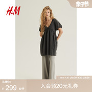 HM女装2024夏季棉质泡泡袖系带设计皱感套穿式连衣裙1216647