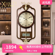 新中式纯铜挂钟家用客厅时尚轻奢石英时钟挂墙钟木万年历鹿头钟表