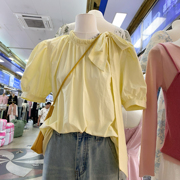 十三行夏季韩系圆领泡泡袖套头，黄色衬衣百搭洋气小众宽松短袖上衣
