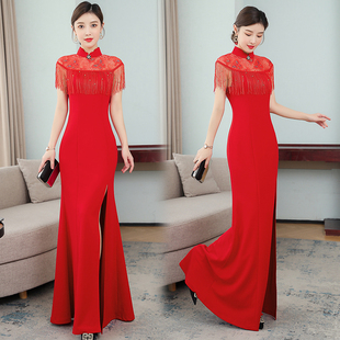 中国风连衣裙2023夏季红色结婚喜庆婚礼改良旗袍回门主持礼服长裙