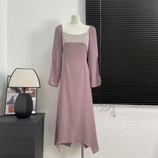 浅紫色拼接连衣裙收腰长款超仙长袖