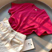 短款螺纹短袖夏季韩版修身玫红色T恤女圆领纯色正肩高级感上衣服
