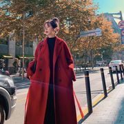 红色赫本风毛呢大衣女2020年秋冬气质中长款加厚呢子西装外套