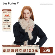 lesfortes23aw原创设计毛领撞色牛仔夹棉外套，复古短款秋冬棉衣