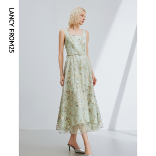 朗姿法式设计感气质蕾丝刺绣吊带长裙夏装2024女装绿色连衣裙