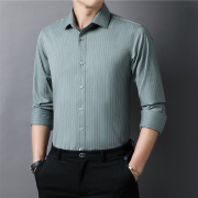 春季时尚条纹长袖衬衫男士商务休闲装中青年灰绿长袖棉衬衣男