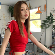 gagaopt韩版紧身显瘦bm红色，上衣女设计感侧抽绳收腰条纹短袖t恤夏