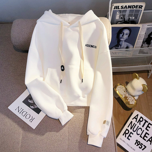 日系白色连帽短款加绒卫衣，2024宽松字母，设计感小众学院风上衣
