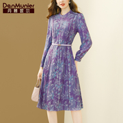 丹慕妮尔法式优雅紫色印花连衣裙女2024春季立领气质收腰裙子