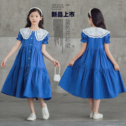 韩版夏季女童短袖连衣裙中大童时尚纯棉蕾丝翻领公主裙大摆长裙子